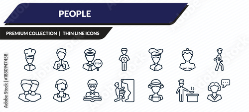 people icons set - cook, pulmonary, traffic police, chef cooking, monologue outline vector collection.