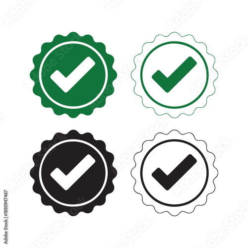 Green and black checkmark icons in circular frames with scalloped edges for approval and confirmation in a modern graphic design style