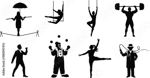 Silhouetted Circus Acts: Capture the timeless elegance of circus performance. These elegant black silhouettes represent the skills and art of each artist and create a unique story