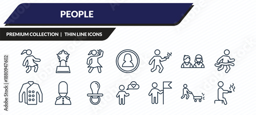 people icons set - woman covering, cinema award, woman taking a photo, person mowing the grass, smoking man outline vector collection.