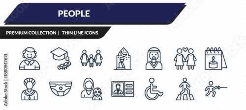 people icons set - small boy, students graduation hat, lesbian couple and son, road crossing, fencing attack outline vector collection.