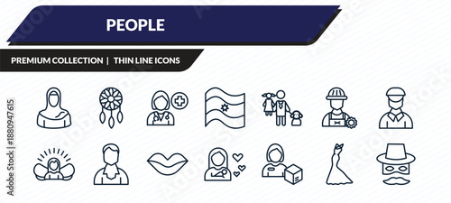 people icons set - arab woman, bohemian, female doctor, elegant, zorro outline vector collection.