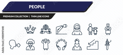 people icons set - devil mask, empress, business partnership, downstairs, spindle outline vector collection.