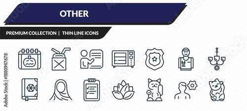 other icons set - pumpkin calendar, oil can, demostration, it specialist, japanese cat outline vector collection.