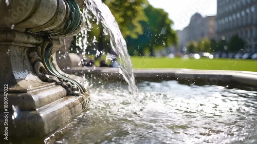 A beautiful ornate stone fountain with clear water gracefully cascading and splashing into its shimmering basin on a bright sunny day creating a refreshing and tranquil atmosphere in a public park or.