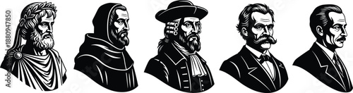 Profiles of Historic Figures: A stylized collection of detailed portraits, showcasing a diverse group of historical individuals, each with unique character and dress.