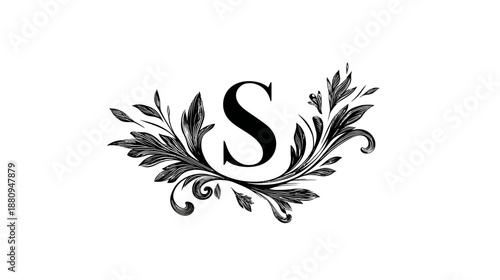 Elegant black letter S monogram with vintage floral ornamentation. Detailed decorative initial design element, classic flourish illustration.