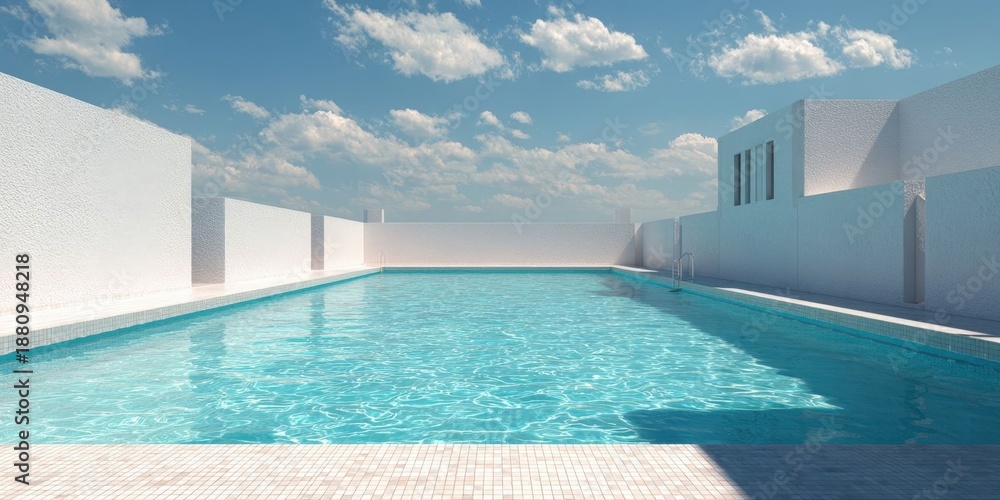 Fototapeta premium Spacious outdoor swimming pool with clear blue water and white walls