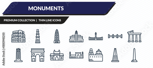 monuments icons set - pula arena, qutb minar in new delhi, amritsar, the, national mall outline vector collection.