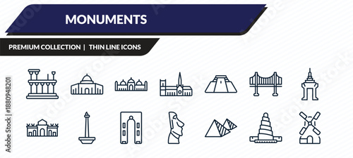 monuments icons set - roman theatre of merida, dome of the rock, badshahi mosque, great mosque of samarra, kinderdijk windmills outline vector collection.