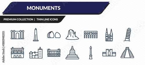 monuments icons set - barcelona, obelisk of bue aires, al shaheed monument, medieval walls in avila, maya pyramid outline vector collection.