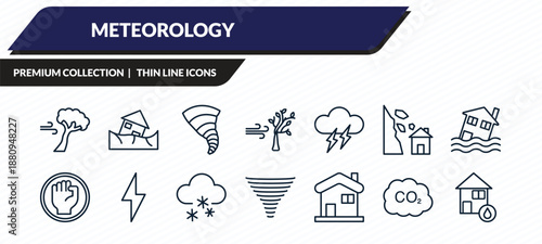 meteorology icons set - broken tree by wind, landslide and house, twister, co2 gas, flooded home outline vector collection.