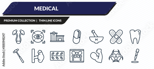 medical icons set - bladder, eye scanner medical, hospital building front, biological warning, dosage medical tool outline vector collection.