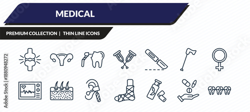 medical icons set - femur, uterus, dental drill, antibiotic, braces outline vector collection.