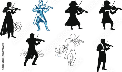 Musical Mastery: A collection of violinists, each figure poised with grace, playing musical instruments. A harmonious celebration of music and artistry.