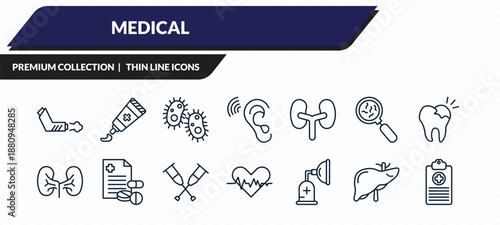 medical icons set - inhalator, ointment, bacteria, liver, medical history outline vector collection.