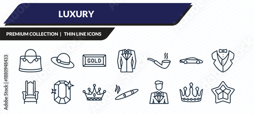 luxury icons set - handbag, bowler hat, gold bar, princess, stars outline vector collection.