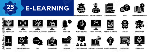 E-Learning icon collection set. Containing Global Education, Online Student, Study Program, Quiz, Flexible Learning, Staff Training, Smart Solution, Certificate, Award icon