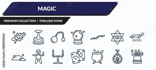 magic icons set - spell, acrobatic, fetters, unicycle, magic trick outline vector collection.