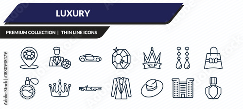 luxury icons set - jewelry store, rich people, lux car, resort, fragrance outline vector collection.