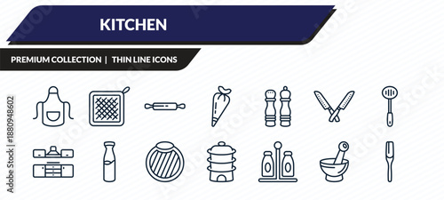 kitchen icons set - apron, kitchen mitten, rolling pin, mortar, paddle outline vector collection.