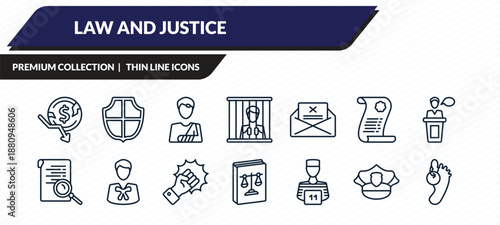 law and justice icons set - bankruptcy, defense, accident and injuries, police hat, corpse outline vector collection.