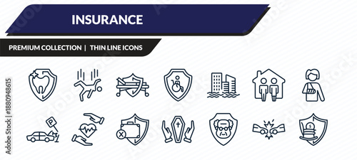 insurance icons set - dental insurance, falling, hospitalization, frontal crash, retirement outline vector collection.