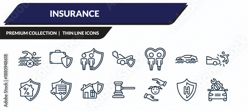 insurance icons set - risk pool, luggage insurance, family insurance, health vehicle repair outline vector collection.