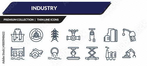 industry icons set - electrolysis, chemical weapon, power tower, geothermal, robotic arm, outline vector collection.