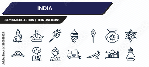 india icons set - vishnu, brahman, shaivism, taj mahal, tandoori outline vector collection.