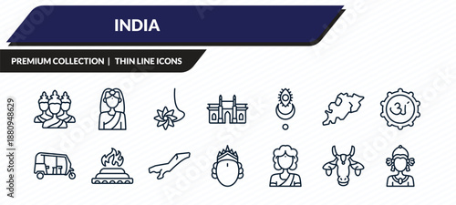 india icons set - brahma, , navratri, indian cow, indra outline vector collection.