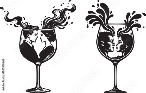 Romantic Concept of Couple Faces Merged into Wine Glasses with Splash Effects Vector