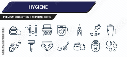hygiene icons set - face cream, cotton swab, laundry basket, epliator, bubble outline vector collection.