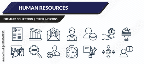 human resources icons set - curriculum vitae, attrition, salary, meeting point, grievance outline vector collection.