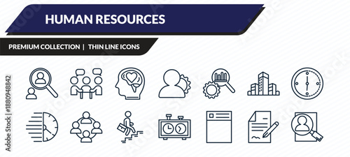 human resources icons set - recruitment, teamwork, emotional intelligence, contract, hiring outline vector collection.