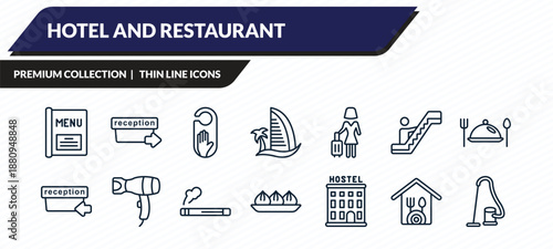 hotel and restaurant icons set - menu, check out, do not disturb, restaurant, vacuum cleaner outline vector collection.