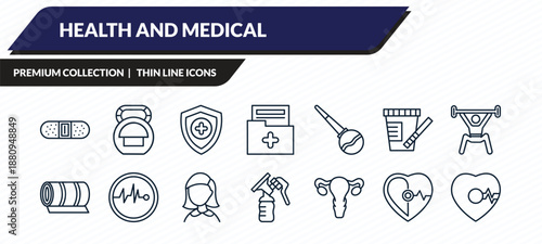 health and medical icons set - band aid, kettlebell, medical shield, cardiology, beat outline vector collection.