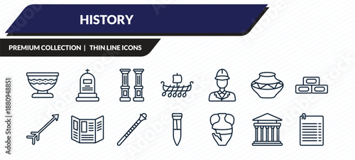 history icons set - bowl, tomb, columns, greek, outline vector collection.