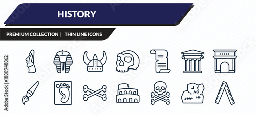 history icons set - moais, sphinx, viking helmet, stone, ruler outline vector collection.