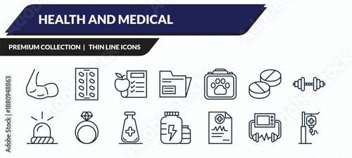 health and medical icons set - biceps, medical strip, nutrition, defibrillator, saline outline vector collection.