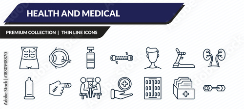 health and medical icons set - abs, ophthalmology, punching bag, medical file, dumbbell outline vector collection.