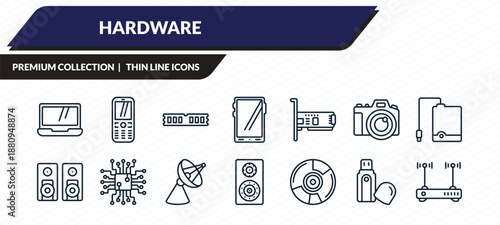 hardware icons set - laptop screen, keypad phone, random access memory, pendrive with cover, modem with two antenna outline vector collection.