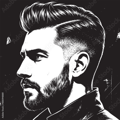 Masculine Profile Portrait of a Man with Sharp Fade Haircut and Groomed Beard Vector