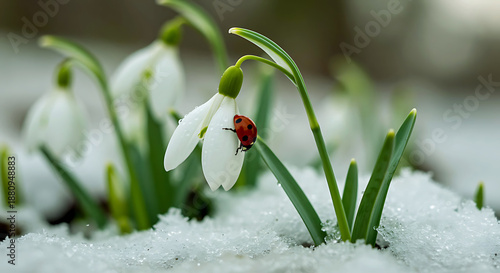 A single ladybug with red and black spots perched on a delicate white snowdrop flower emerging from melting snow