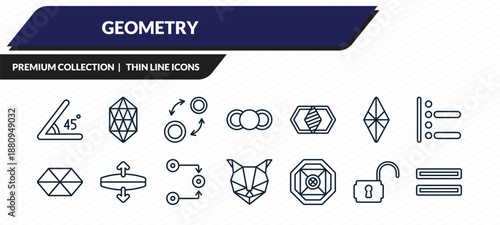 geometry icons set - angle, icosahedron, insert, unlock, parallel outline vector collection.