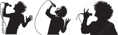 Singer Silhouette Performance Series with Curly Haired Male Vocalist and Microphone Vector