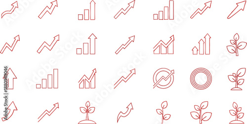 Red line icons of growing business graphs and plants
