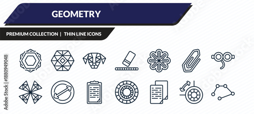 geometry icons set - fillet, polygonal ornament, polygonal dog, dimensions, line outline vector collection.