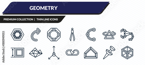geometry icons set - polygonal hexagon, undo, octagon, push pin, 3d cube outline vector collection.
