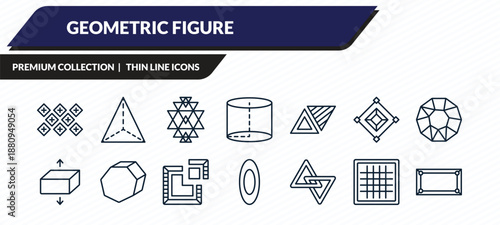 geometric figure icons set - tile, tetrahedron, sri yantra, grids, rectangle outline vector collection.